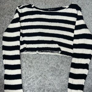 ZARA Black and White Striped Cropped Sweater